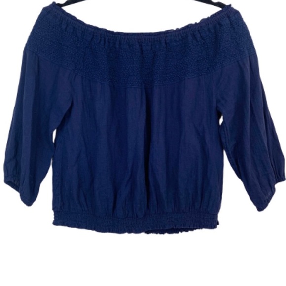 Aerie smocked off the shoulder navy semi-crop top - Picture 1 of 8